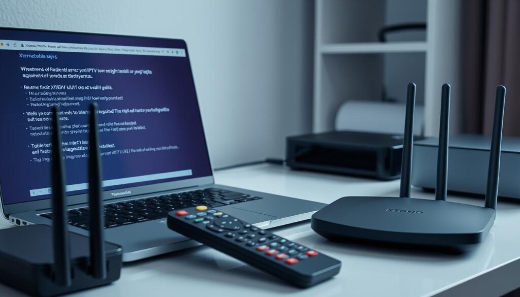 A modern home office setup with a laptop, remote control, and networking devices. The laptop screen displays troubleshooting steps for the XTREME UHD IPTV service, with error messages and diagnostic information. The remote control and networking equipment, such as a router and modem, are arranged neatly on the desk, suggesting the user's attempts to resolve the IPTV issue. The lighting is soft and diffused, creating a calming atmosphere, while the angle showcases the workspace in an organized and professional manner.