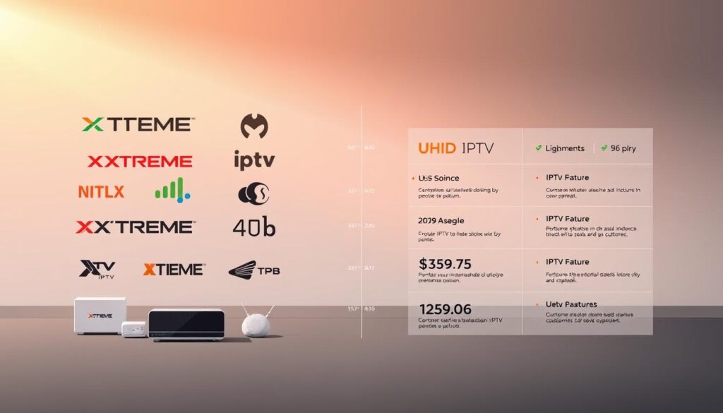 A side-by-side comparison of the XTREME UHD IPTV service and other popular IPTV providers in Portugal, showcased in a clean, modern digital illustration. The foreground features stylized icons and logos of the XTREME UHD IPTV brand and its competitors, arranged in a dynamic, eye-catching layout. The middle ground depicts minimalist infographic elements highlighting key features, pricing, and customer satisfaction metrics. The background sets a sleek, high-tech atmosphere with muted gradients, subtle geometric patterns, and a sense of digital sophistication. Warm lighting from the top-left casts a soft glow, creating depth and highlighting the comparative details. The overall composition conveys a professional, analytical tone suitable for an informative article on IPTV services in Portugal.