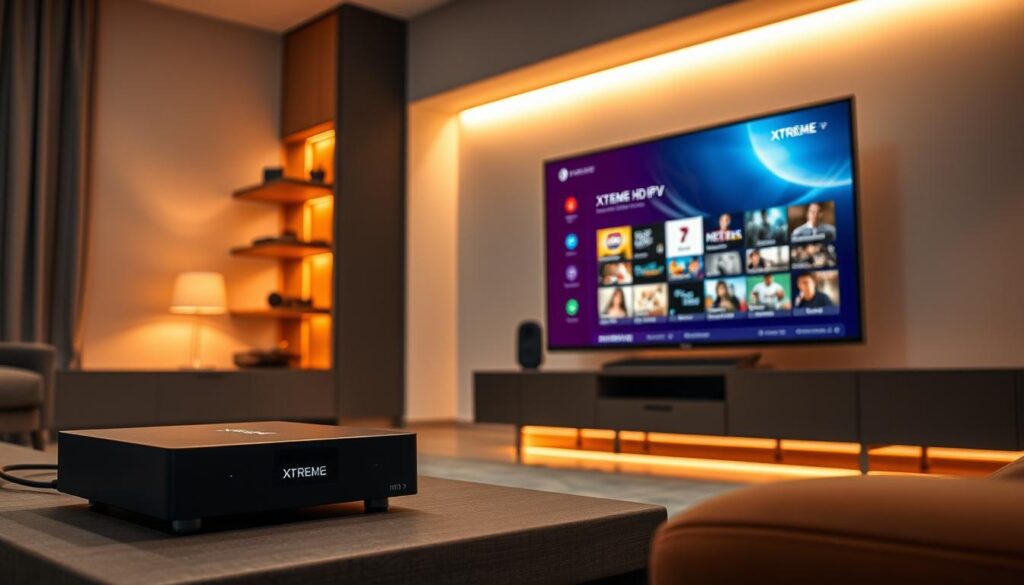 A sleek and modern setup for XTREME HD IPTV, showcased in a stylish living room environment. In the foreground, a state-of-the-art smart TV stands prominently, its screen displaying the XTREME HD IPTV interface. Nearby, a high-end media console houses a powerful IPTV box, its LED indicators pulsing softly. The room is bathed in warm, inviting lighting, creating a cozy and immersive atmosphere. In the background, minimalist shelves hold various entertainment components, complementing the overall aesthetic. The scene conveys a sense of effortless integration, where technology seamlessly enhances the viewer's enjoyment of movies, sports, and global TV programming.